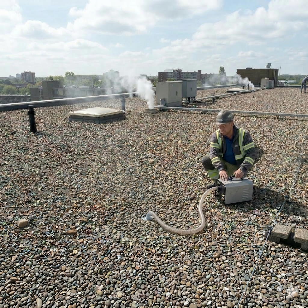 Recherche de fuite à la fumée sur toit plat